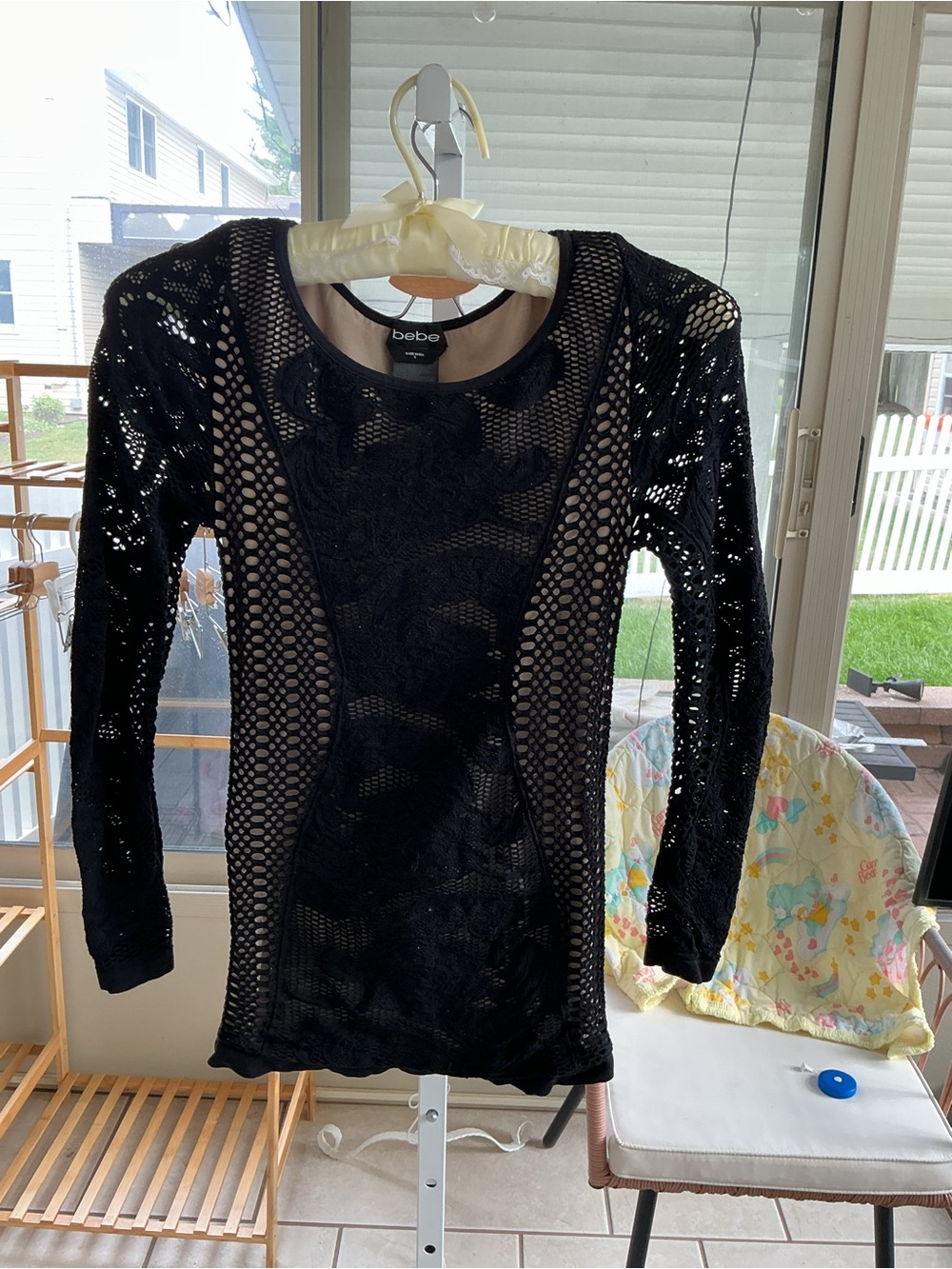 bebe Black Open-Knit Long Sleeve Crew Sweater